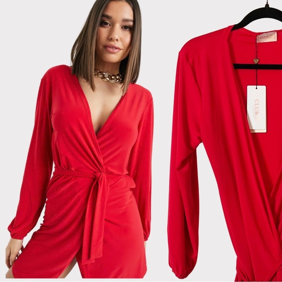 ASOS | Club L London | Slinky Wrap Dress | Mini | Red | NWT | 6 - Picture 1 of 12